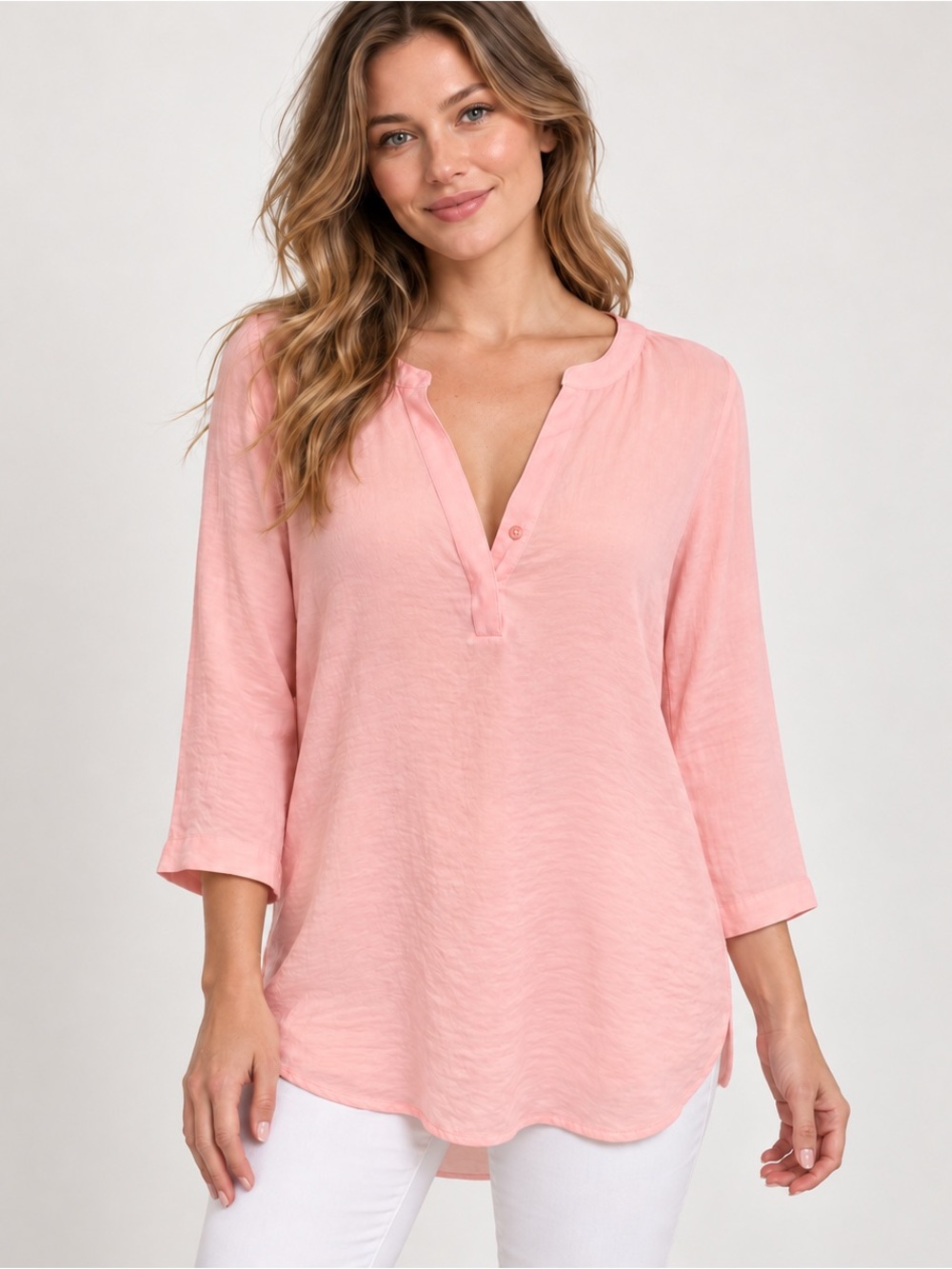 Soft girl relaxed  Blush Pink Split Neck Henley Tunic Top 3/4 Sleeves